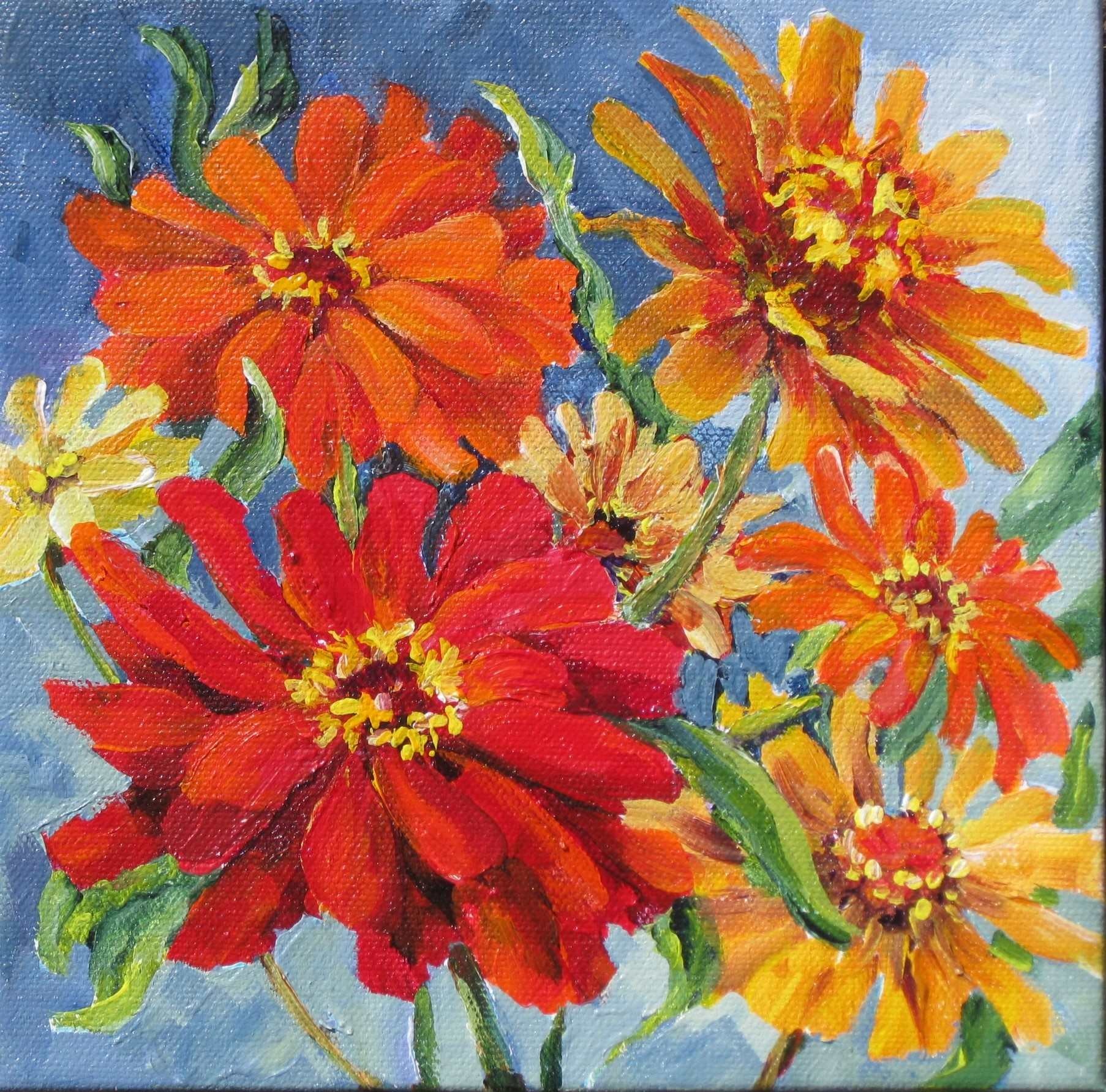 Elaine Tweedy - Red, Yellow, Orange Zinnias